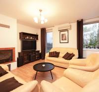 Obývací pokoj v rodinném domě s krbem, koženými sedačkami a podlahou s dřevěným dekorem.