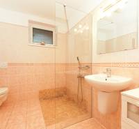 Koupelna v rodinném domě s toaletou, sprchovým koutem a umyvadlem na světlé dlažbě.