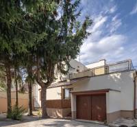 Rodinný dům na Trnovecké ulici v Trnovci nad Váhom se zabudovanou garáží a vysokými stromy.