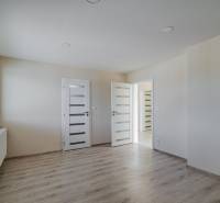 Pokoj v rodinném domě s podlahou s dřevěným dekorem, světlými stěnami a oknem.