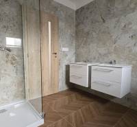 Koupelna v rodinném domě s kamenným obkladem a sprchovým koutem.