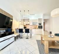 Rekreační apartmán s prostorným obývacím pokojem, kuchyní a televizí.