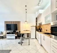 Interiér rekreačního apartmánu s kuchyňskou linkou, jídelním stolem a televizí na stěně.