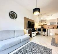 Světlý obývací pokoj s kuchyní, pohovkou, televizí a jídelním koutem v rekreačním apartmánu.