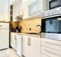 Kuchyně v rekreačním apartmánu s bílým nábytkem a dřevěným dekorem na stěně.