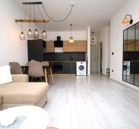 Obývací pokoj rekreačního apartmánu s kuchyní, stolem, zrcadlem a podlahou s dřevěným dekorem.