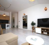 Obývací pokoj rekreačního apartmánu s pohovkou, TV a kuchyňským koutem.