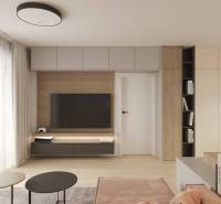 Obývací pokoj s TV, podlaha s dřevěným dekorem, světlé závěsy, nábytek a knihovna.