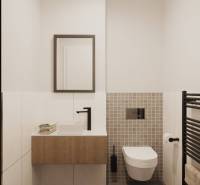 Koupelna se závěsným WC, umyvadlem, topením a zrcadlem, s designovými dlaždicemi.