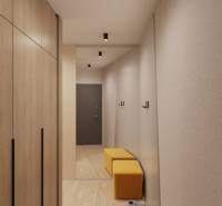 Interiér budovy s podlahou s dřevěným dekorem, šatník, zrcadlo a žluté sezení.