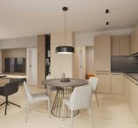 Osvětlený obývací pokoj s kuchyňským koutem, moderním nábytkem a podlahou s dřevěným dekorem.