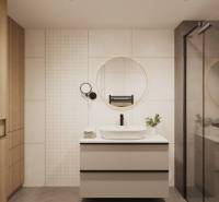 Koupelna se zrcadlem, moderním umyvadlem a dřevěnými prvky na úložných skříňkách.