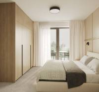 Světlá ložnice s postelí, vestavěnou skříní a výhledem na balkon přes skleněné dveře.