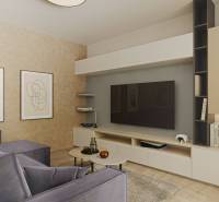 Interiér obývacího pokoje s pohodlnou pohovkou, televizí, obrazy a podlahou s dřevěným dekorem.