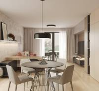 Obývací pokoj s jídelním stolem, podlahou s dřevěným dekorem a balkonem.