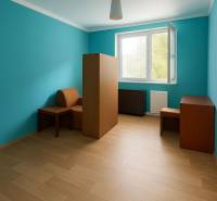 Pokoj v rodinném domě s podlahou s dřevěným dekorem a tyrkysovými stěnami.