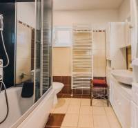 Koupelna v rodinném domě s vanou, sprchou, umyvadlem a radiátorem.