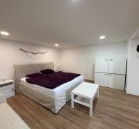 Ložnice v jednopokojovém bytě s podlahou s dřevěným dekorem a postelí s fialovým přehozem.