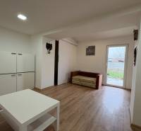 Obývací pokoj v 1-pokojovém bytě s nábytkem a podlahou s dřevěným dekorem.