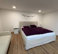 Ložnice v 1-pokojovém bytě s podlahou s dřevěným dekorem, postelí a dekorativním prvkem na stěně.