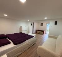 Ložnice v jednopokojovém bytě s podlahou s dřevěným dekorem, jednoduchý nábytek a dekorace.