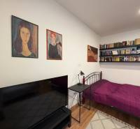 Jednopokojový byt s postelí, policemi s knihami a televizorem, podlaha s dřevěným dekorem.