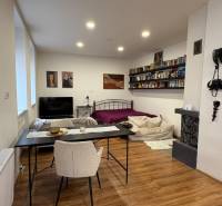 Interiér 1-pokojového bytu s podlahou s dřevěným dekorem, postelí a jídelním stolem.