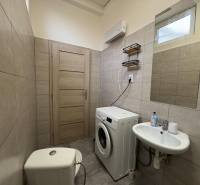 Koupelna s pračkou a umyvadlem v 1-pokojovém bytě s obkladem.