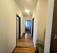 Chodba s podlahou s dřevěným dekorem v 2-pokojovém bytě.