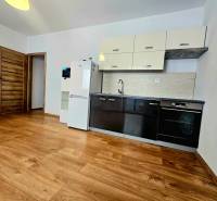 Kuchyně v 2pokojovém bytě s podlahou s dřevěným dekorem a zařízením.