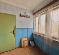 Interiér rodinného domu s podlahou s dřevěným dekorem, modrými stěnami a zelenými dveřmi.