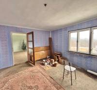 Pokoj v rodinném domě s modrou tapetou, starým nábytkem a kobercem.