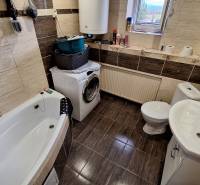 Koupelna v rodinném domě s vanou, pračkou a dekorativními hnědými obklady.