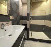 Koupelna v 3-pokojovém bytě s moderními obklady a sprchovým koutem.