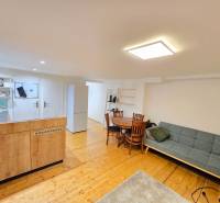 Obývací část 1-pokojového bytu s pohovkou, jídelní stůl, kuchyň a podlaha s dřevěným dekorem.