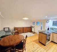 Obývací pokoj v jednopokojovém bytě s podlahou s dřevěným dekorem, sedačkou a jídelním stolem.