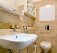 Koupelna v 2-pokojovém bytě s umyvadlem, toaletou a béžovým obkladem.