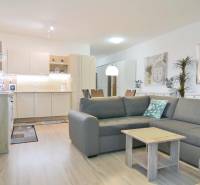 Obývací pokoj s kuchyňským koutem a podlahou s dřevěným dekorem ve 2pokojovém bytě.