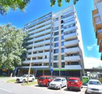 Bytový dům u Antolské ulice, Bratislava - Petržalka, s parkovištěm a stromy v okolí.