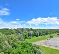 Pohled na zelené lesy a opuštěný sportovní areál v Bratislavě na Antolské ulici.