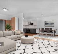 Obývací část ve 3-pokojovém bytě s pohodlnou sedačkou a kuchyní s podlahou s dřevěným dekorem.