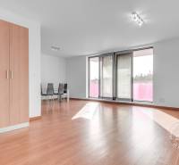 Světlý obývací pokoj ve 3-pokojovém bytě s podlahou s dřevěným dekorem a balkónem.