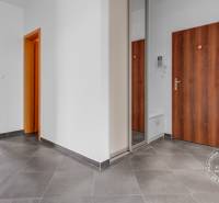 Chodba s tmavou dlažbou, dveře s dřevěným dekorem, spojená s obývacím pokojem.