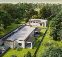 Rodinné domy v Žihárci obklopené zelenými stromy, s bazénem a příjezdovou cestou.