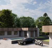 Rodinný dům v Žihárci s bazénem, dvěma auty a motorkou na vydlážděném dvoře.