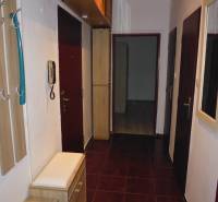 Chodba 2-pokojového bytu s tmavou dlažbou a dřevěným dekorem nábytku.