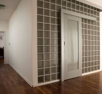 Interiér rodinného domu s prosklenými dveřmi a podlahou s dřevěným dekorem.