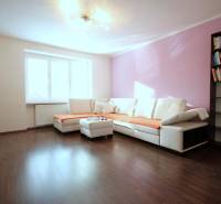 Obývací pokoj dvoupokojového bytu s rohovou sedačkou, knihovnou a podlahou s dřevěným dekorem.