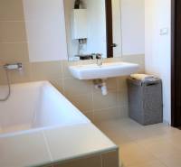 Koupelna s vanou, umyvadlem a košem na prádlo v 2-pokojovém bytě.