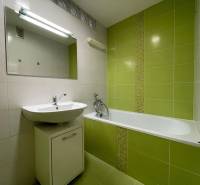 Koupelna se zelenými obklady v 2-pokojovém bytě s umyvadlem a vanou.